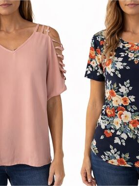 Sheer Blush Pink Cold-Shoulder Top & Floral blouse